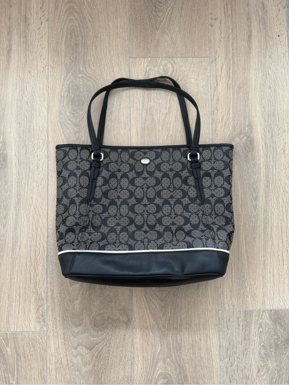 Coach Vintage Peyton Classic Black Patterned Tote Bag with Leather Trim